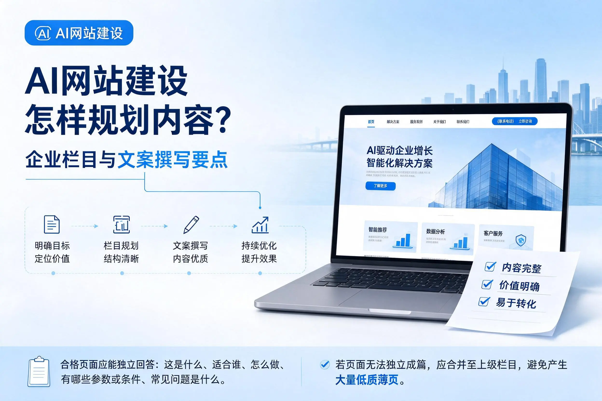 AI网站建设怎样规划内容？佳木斯企业栏目与文案撰写要点